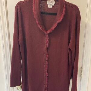 Adrianna Papell Burgundy Sweater/Coat with fur piping. Large